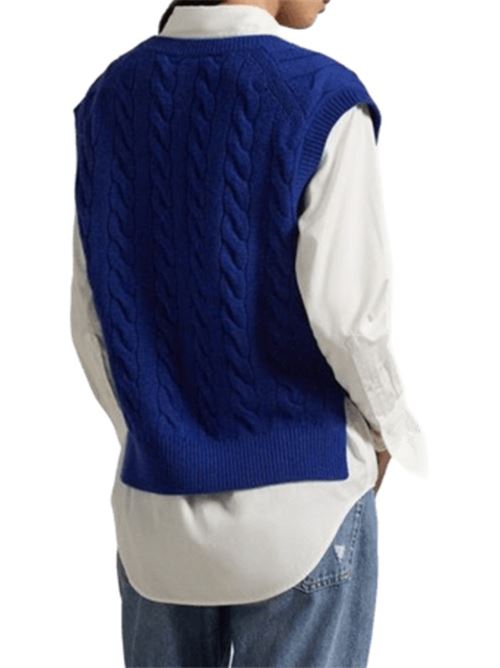 Gilet da donna in lana misto cashmere lavorato a trecce con scollo a V, colore cobalto POLO RALPH LAUREN | 211949994003